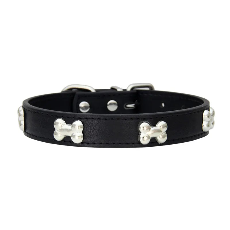 Bone Design Leather Dog Collar — 16 Colors & 4 Sizes