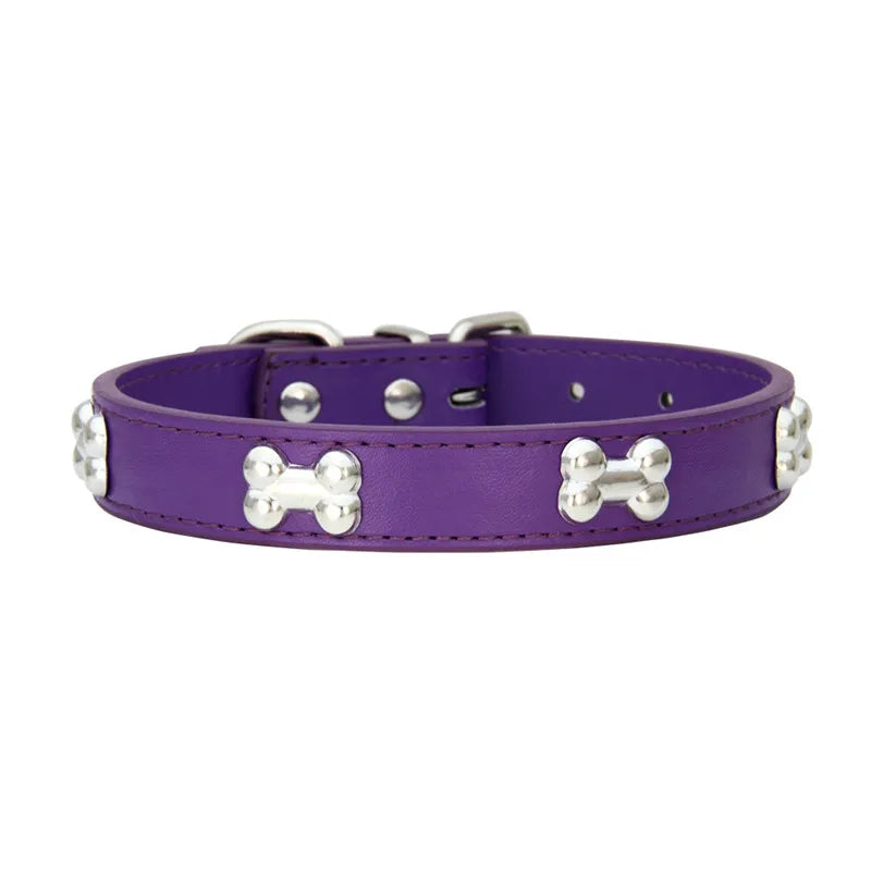 Bone Design Leather Dog Collar — 16 Colors & 4 Sizes