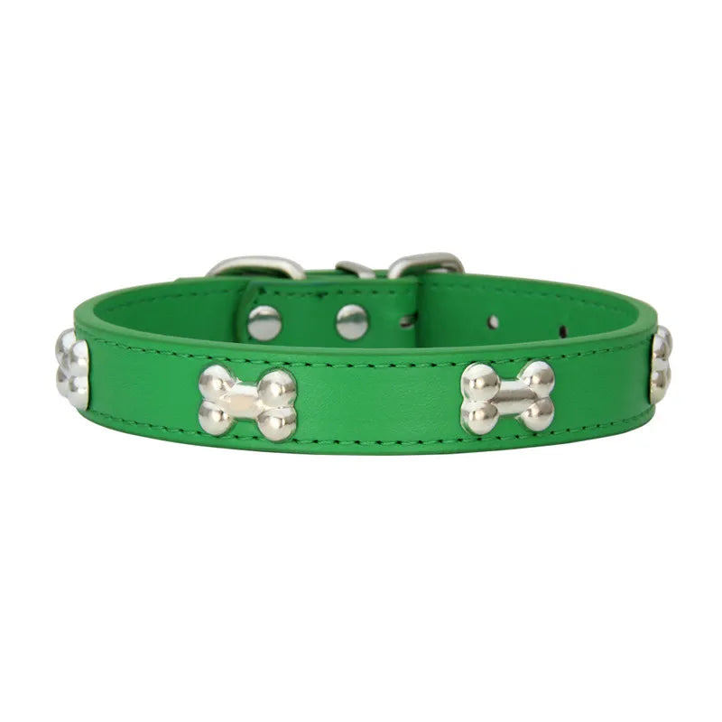 Bone Design Leather Dog Collar — 16 Colors & 4 Sizes