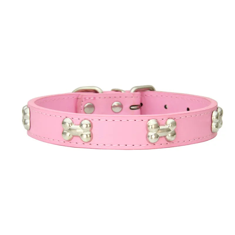 Bone Design Leather Dog Collar — 16 Colors & 4 Sizes