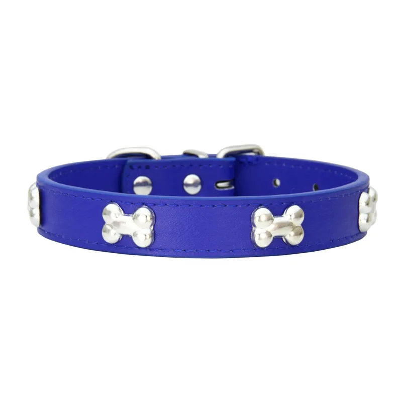 Bone Design Leather Dog Collar — 16 Colors & 4 Sizes
