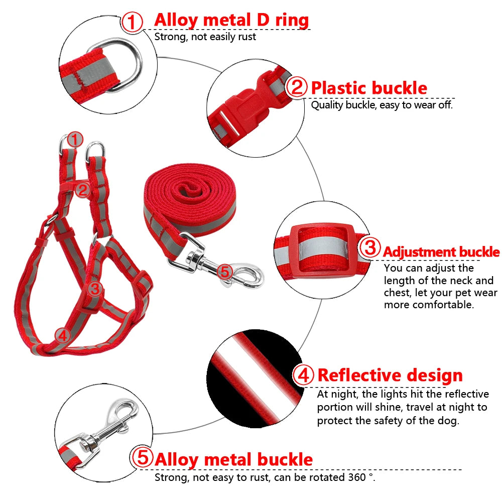 Arnés Reflectante de Nylon para Perros Pequeños y Medianos – Set con Correa, 7 Colores