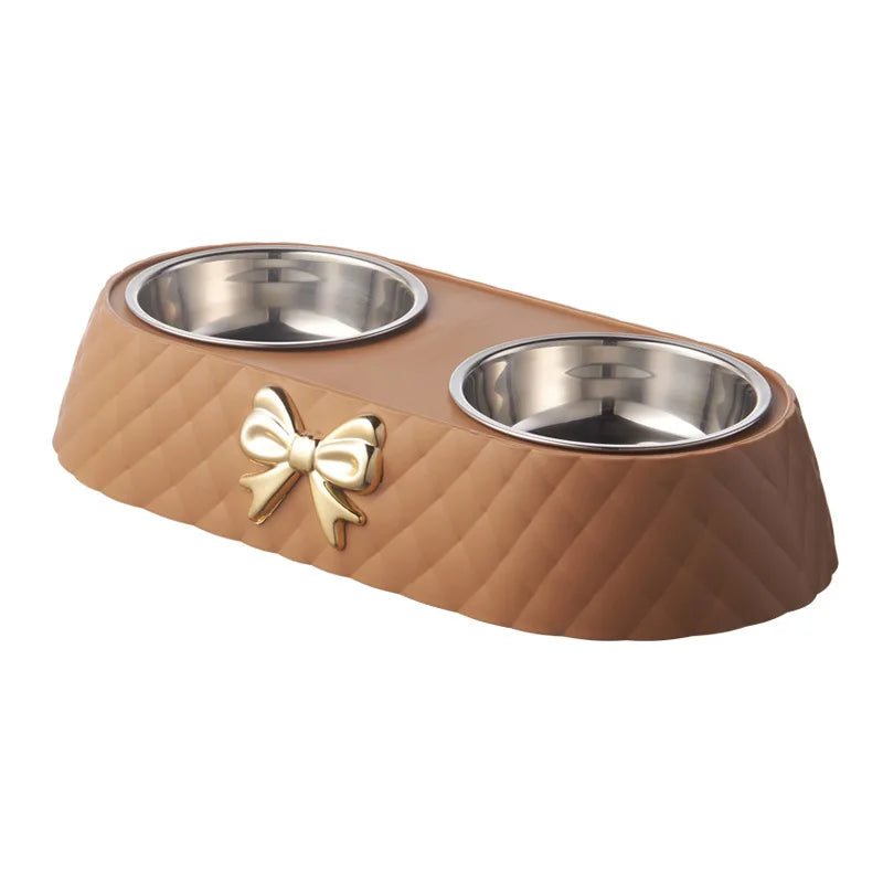 Double Pet Bowl with Bow-Tie Design – Stainless Steel & PP Base for Dogs & Cats