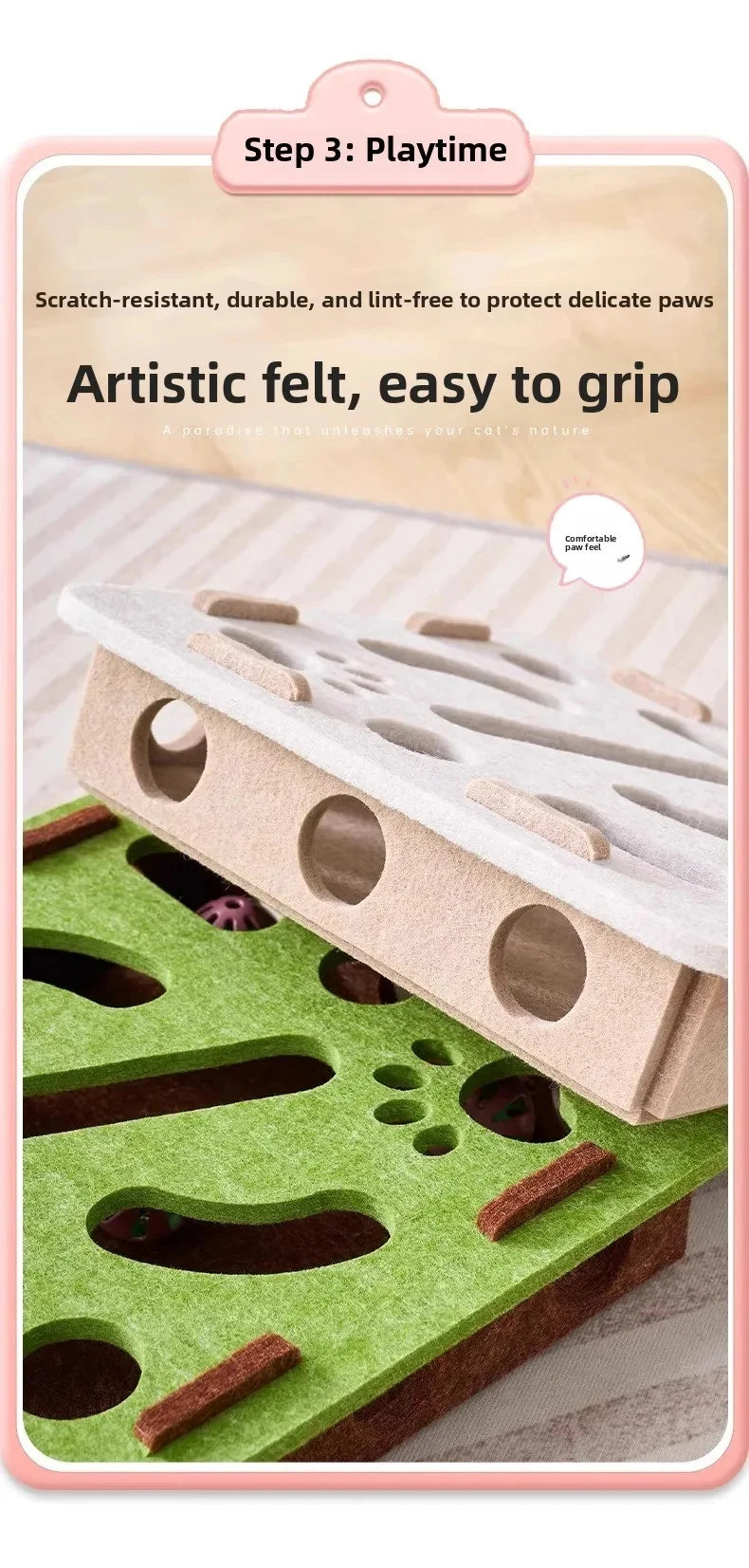 Felt Puzzle Box Cat Toy – 3-in-1 Interactive Scratcher, House & Ball Launcher