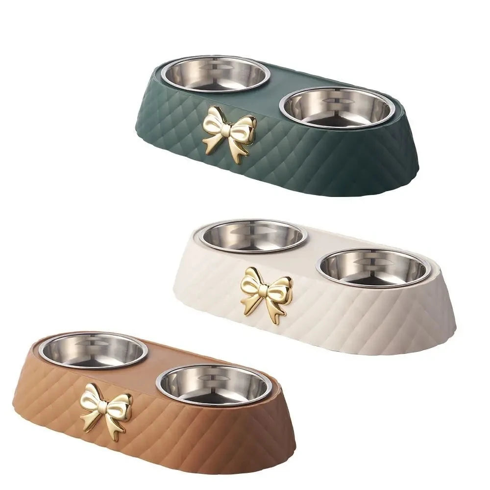 Double Pet Bowl with Bow-Tie Design – Stainless Steel & PP Base for Dogs & Cats