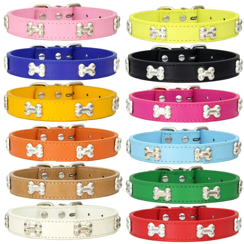 Bone Design Leather Dog Collar — 16 Colors & 4 Sizes