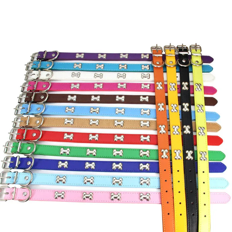 Bone Design Leather Dog Collar — 16 Colors & 4 Sizes