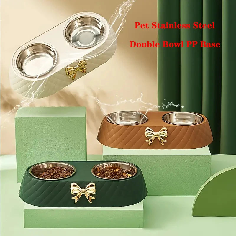 Double Pet Bowl with Bow-Tie Design – Stainless Steel & PP Base for Dogs & Cats