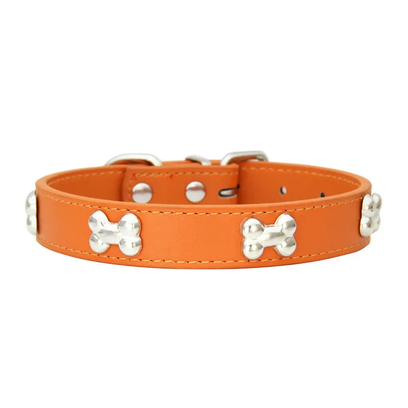 Bone Design Leather Dog Collar — 16 Colors & 4 Sizes