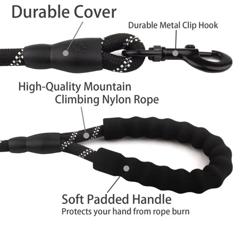 Reflective Dog Leash with Padded Handle — Durable Nylon, 7 Colors, 3 Lengths
