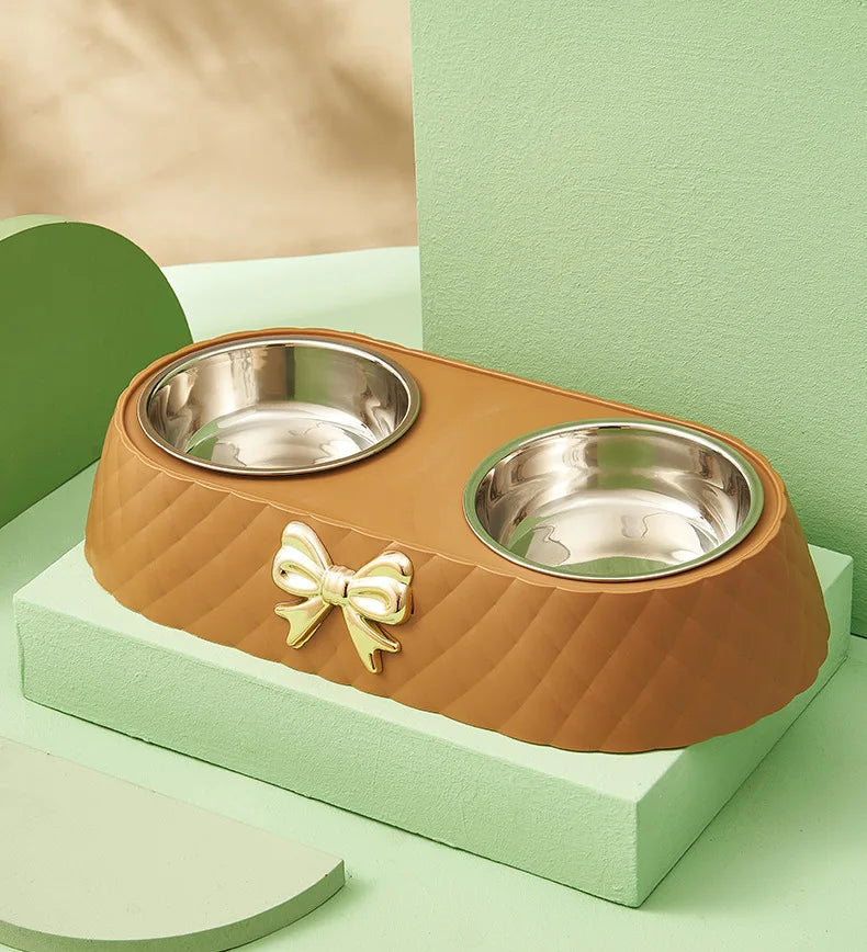 Double Pet Bowl with Bow-Tie Design – Stainless Steel & PP Base for Dogs & Cats