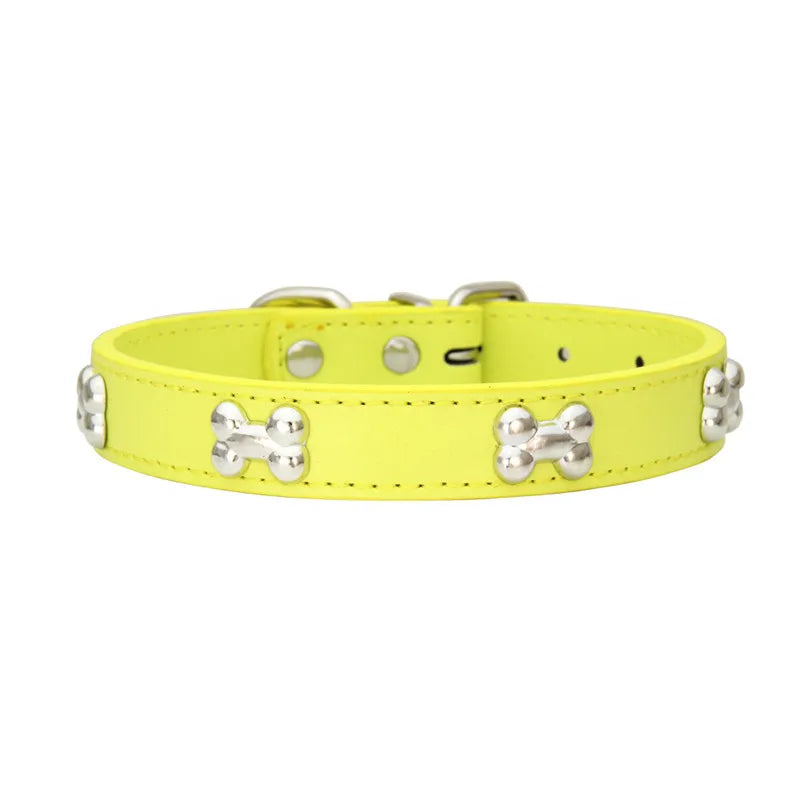 Bone Design Leather Dog Collar — 16 Colors & 4 Sizes