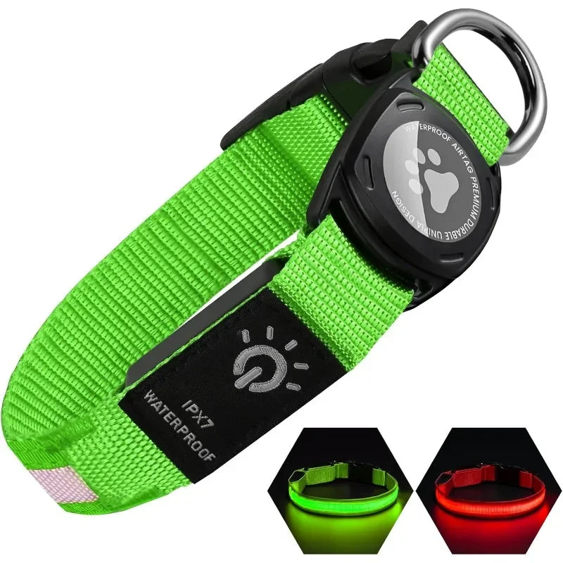Rechargeable LED Dog Collar with Built-In AirTag Holder — Waterproof & Reflective