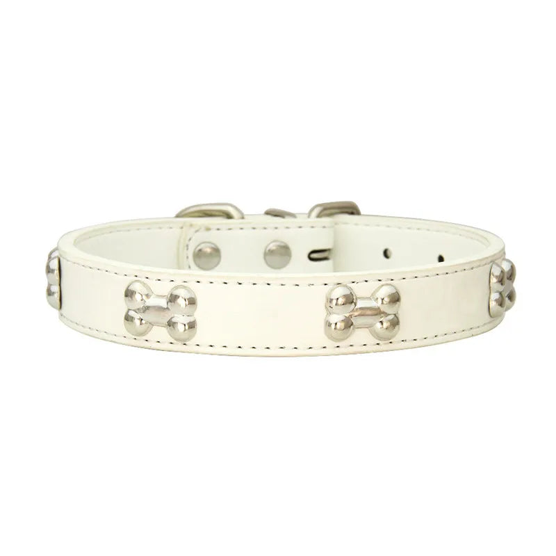 Bone Design Leather Dog Collar — 16 Colors & 4 Sizes