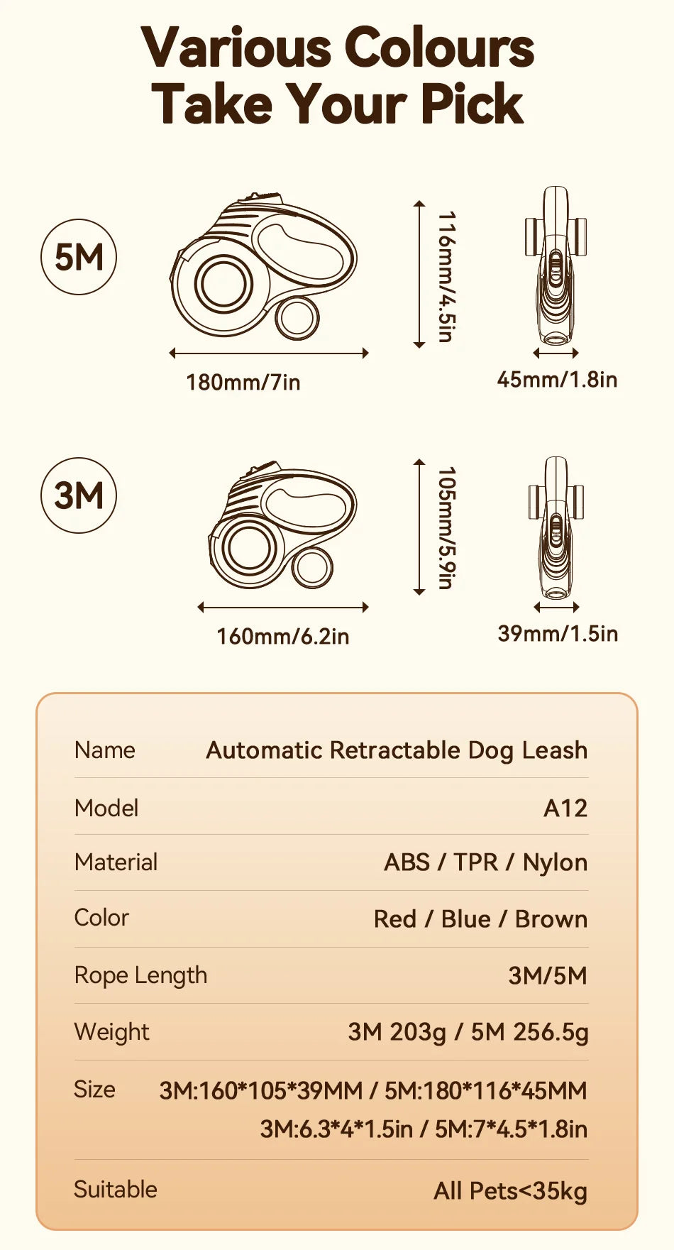 ROJECO Retractable Dog & Cat Leash — 3M/5M, Durable Nylon, for Walking & Hiking