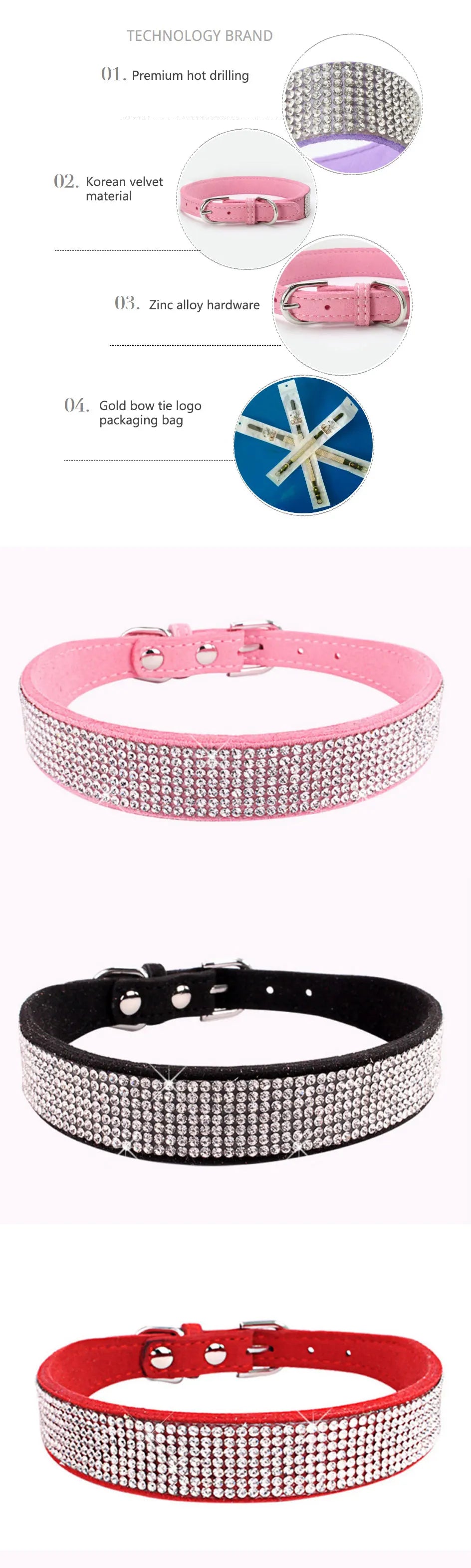 Crystal Rhinestone Dog & Cat Collar — Glamorous Design, 8 Colors & 3 Sizes