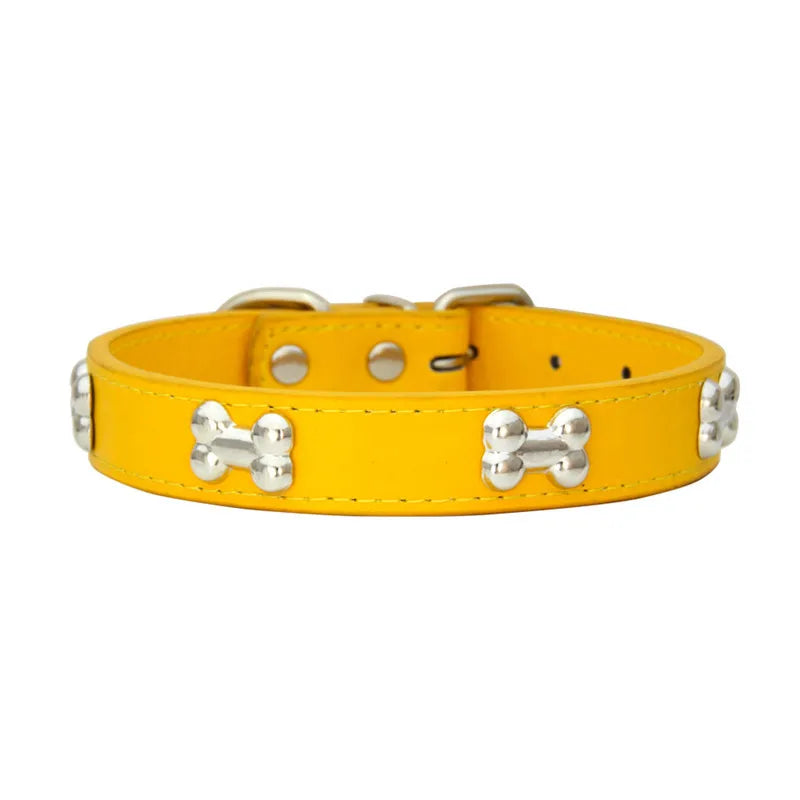 Bone Design Leather Dog Collar — 16 Colors & 4 Sizes