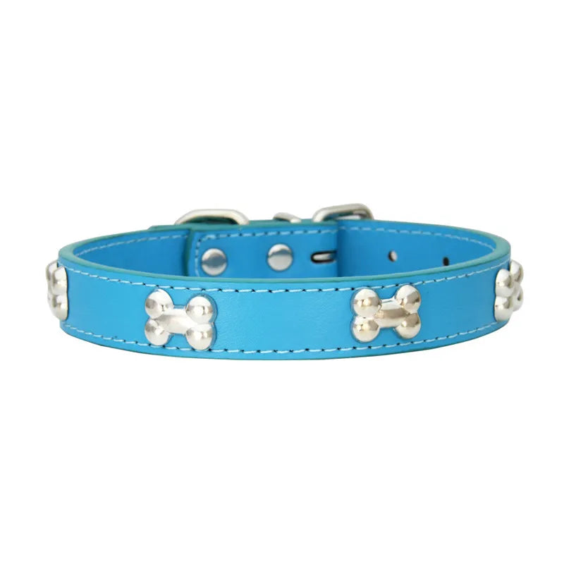 Bone Design Leather Dog Collar — 16 Colors & 4 Sizes