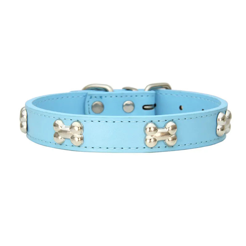 Bone Design Leather Dog Collar — 16 Colors & 4 Sizes