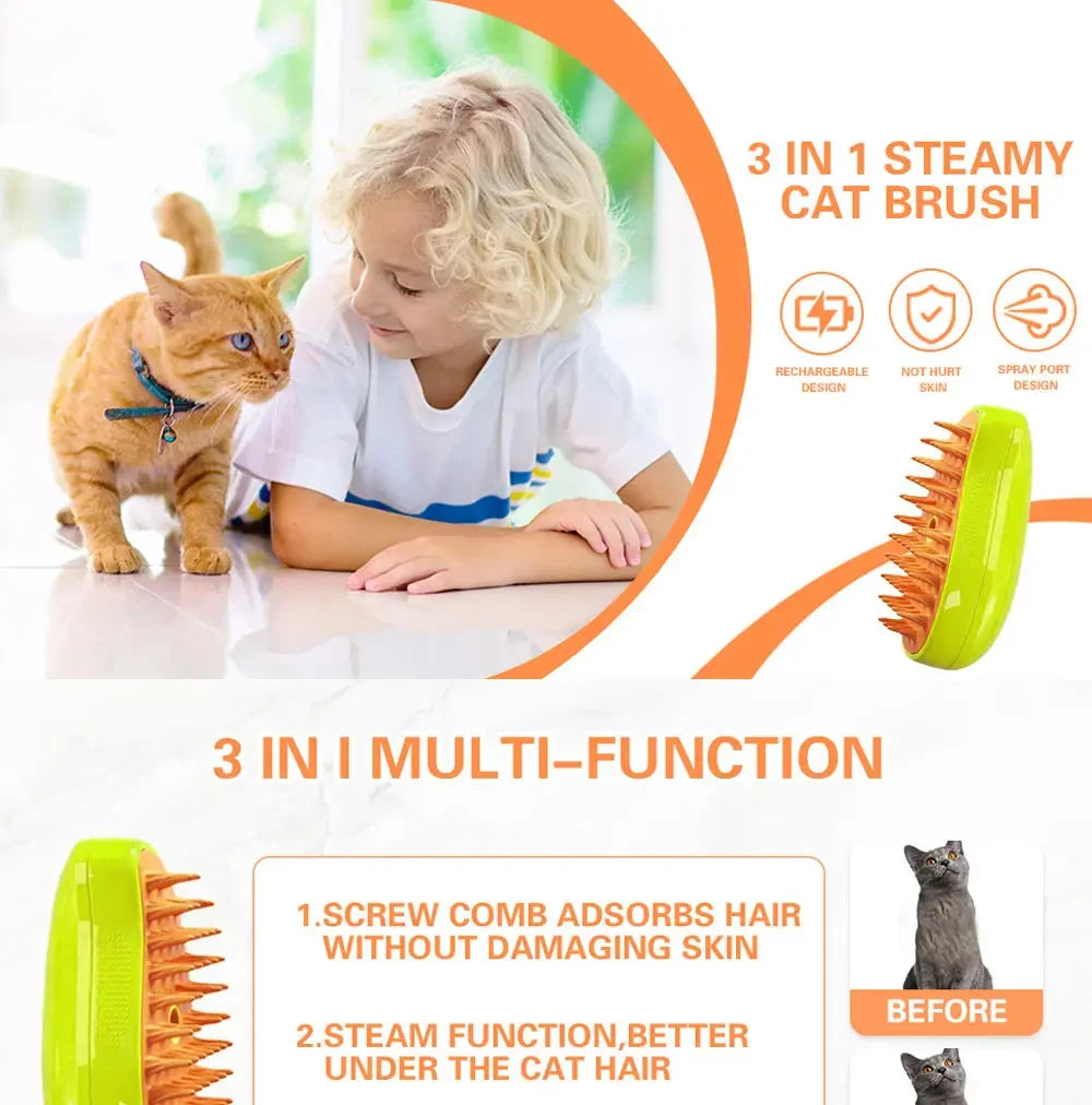 3-in-1 Steam Brush for Cats & Dogs – Grooming, Massage & Steamer