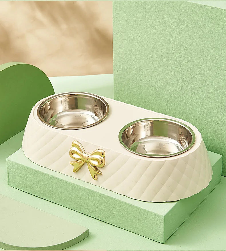 Double Pet Bowl with Bow-Tie Design – Stainless Steel & PP Base for Dogs & Cats