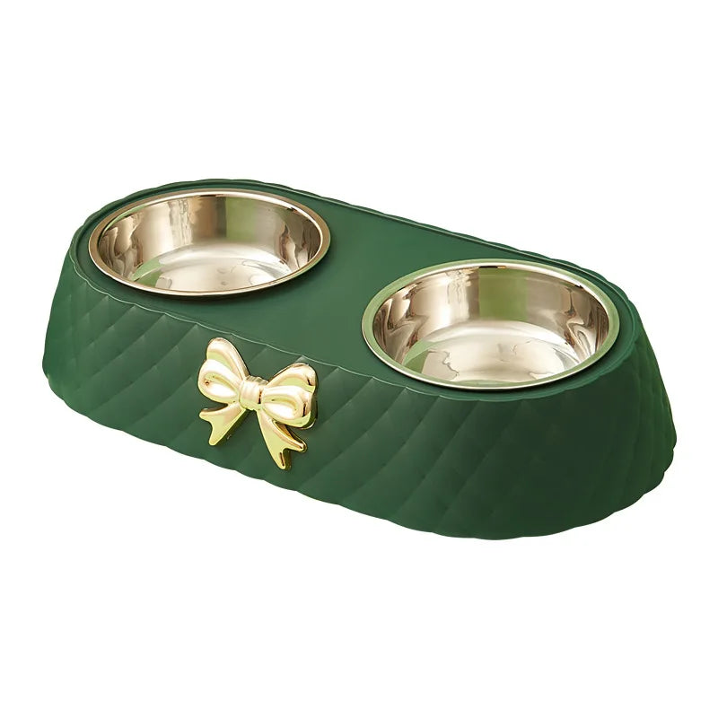 Double Pet Bowl with Bow-Tie Design – Stainless Steel & PP Base for Dogs & Cats
