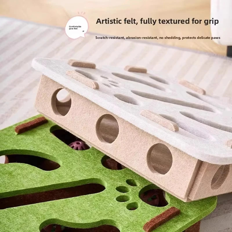 Felt Puzzle Box Cat Toy – 3-in-1 Interactive Scratcher, House & Ball Launcher