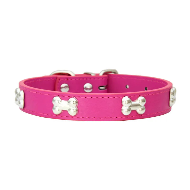 Bone Design Leather Dog Collar — 16 Colors & 4 Sizes