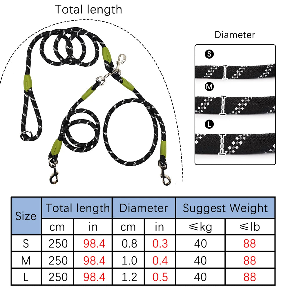 Hands-Free Double Dog Leash for 2 Dogs — Reflective, 360° Swivel, for Walking & Running