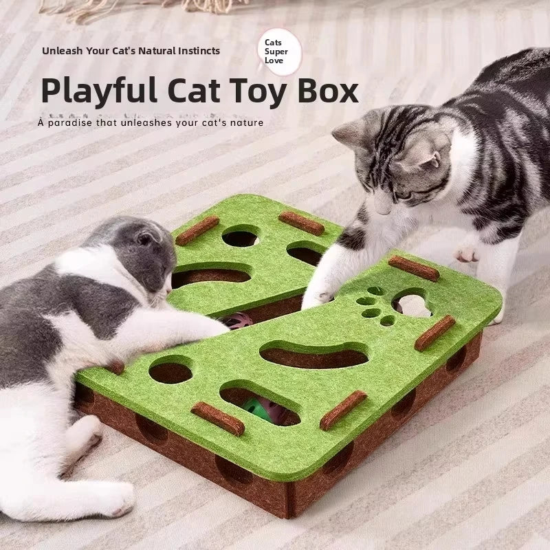 Felt Puzzle Box Cat Toy – 3-in-1 Interactive Scratcher, House & Ball Launcher