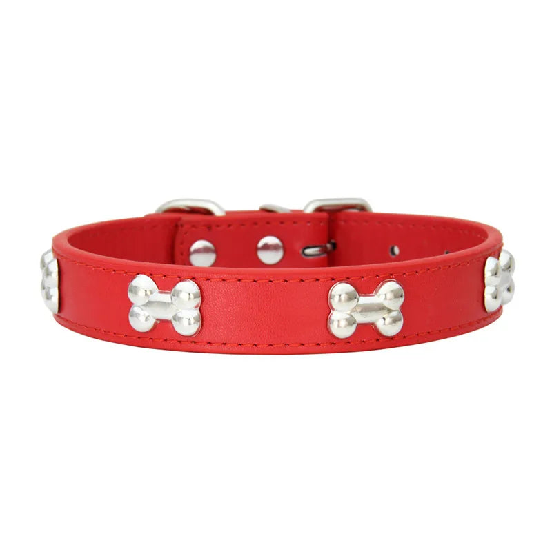 Bone Design Leather Dog Collar — 16 Colors & 4 Sizes