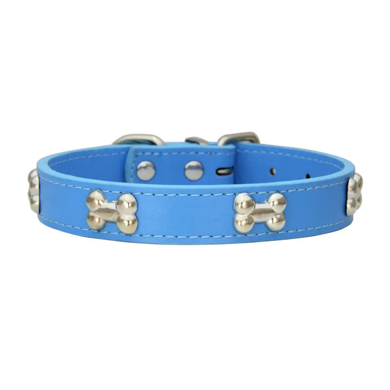 Bone Design Leather Dog Collar — 16 Colors & 4 Sizes