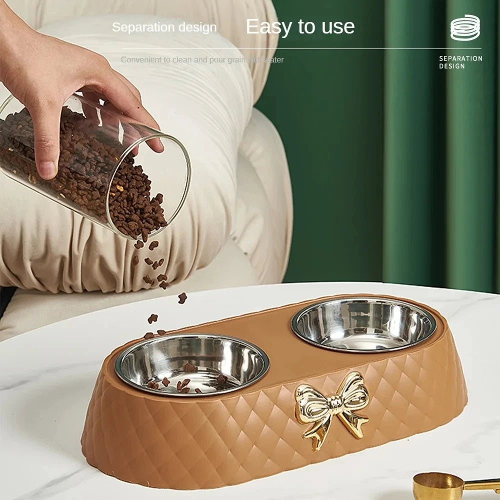 Double Pet Bowl with Bow-Tie Design – Stainless Steel & PP Base for Dogs & Cats