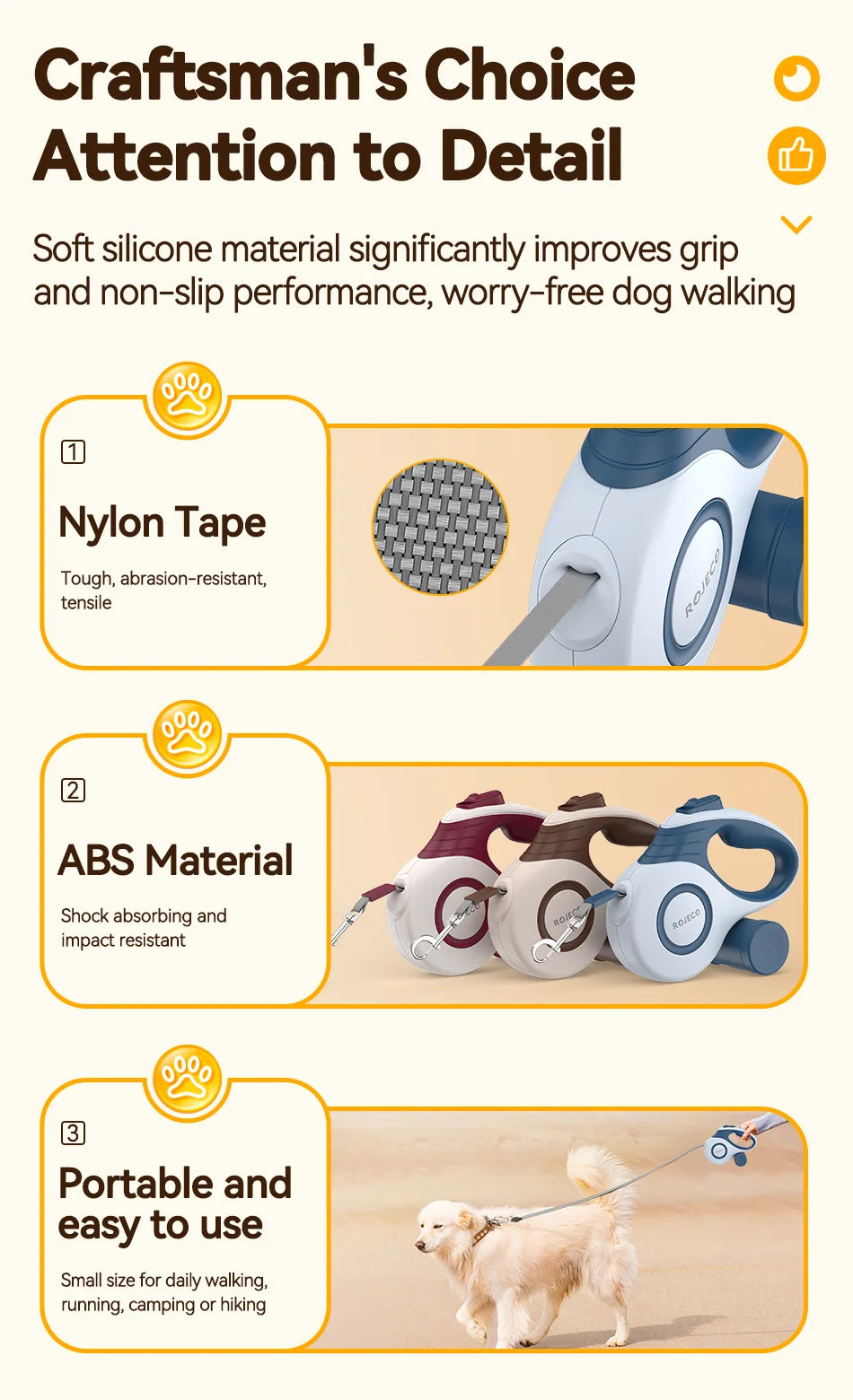 ROJECO Retractable Dog & Cat Leash — 3M/5M, Durable Nylon, for Walking & Hiking