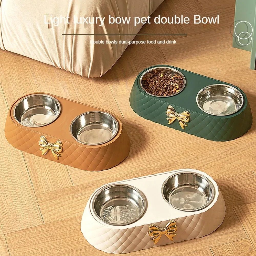 Double Pet Bowl with Bow-Tie Design – Stainless Steel & PP Base for Dogs & Cats