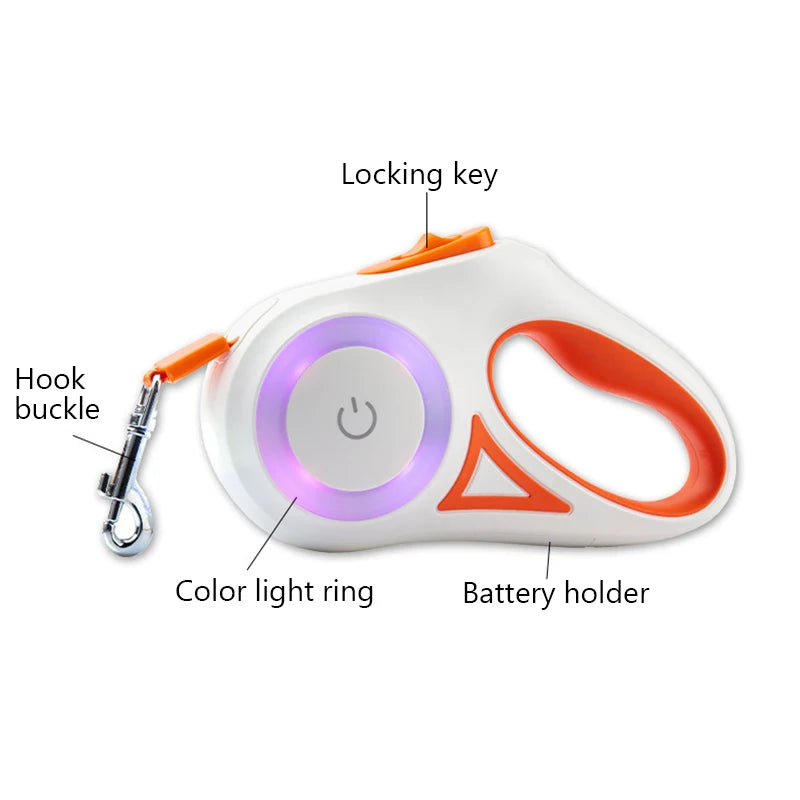 5M Retractable Dog Leash with LED Light — Durable Nylon for Night Walks