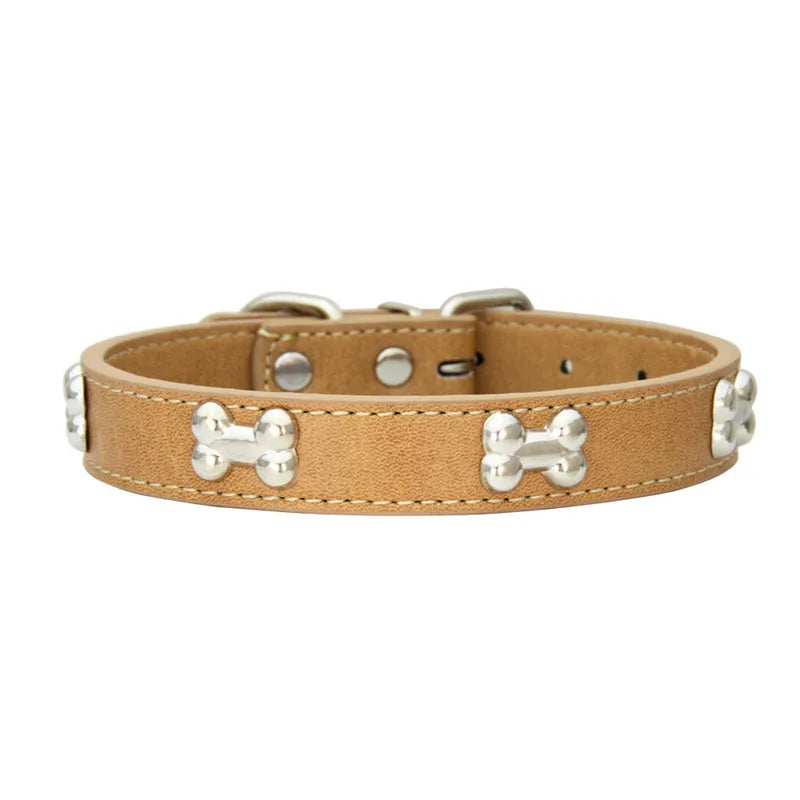 Bone Design Leather Dog Collar — 16 Colors & 4 Sizes