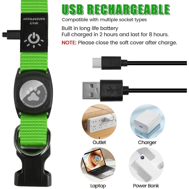 Rechargeable LED Dog Collar with Built-In AirTag Holder — Waterproof & Reflective