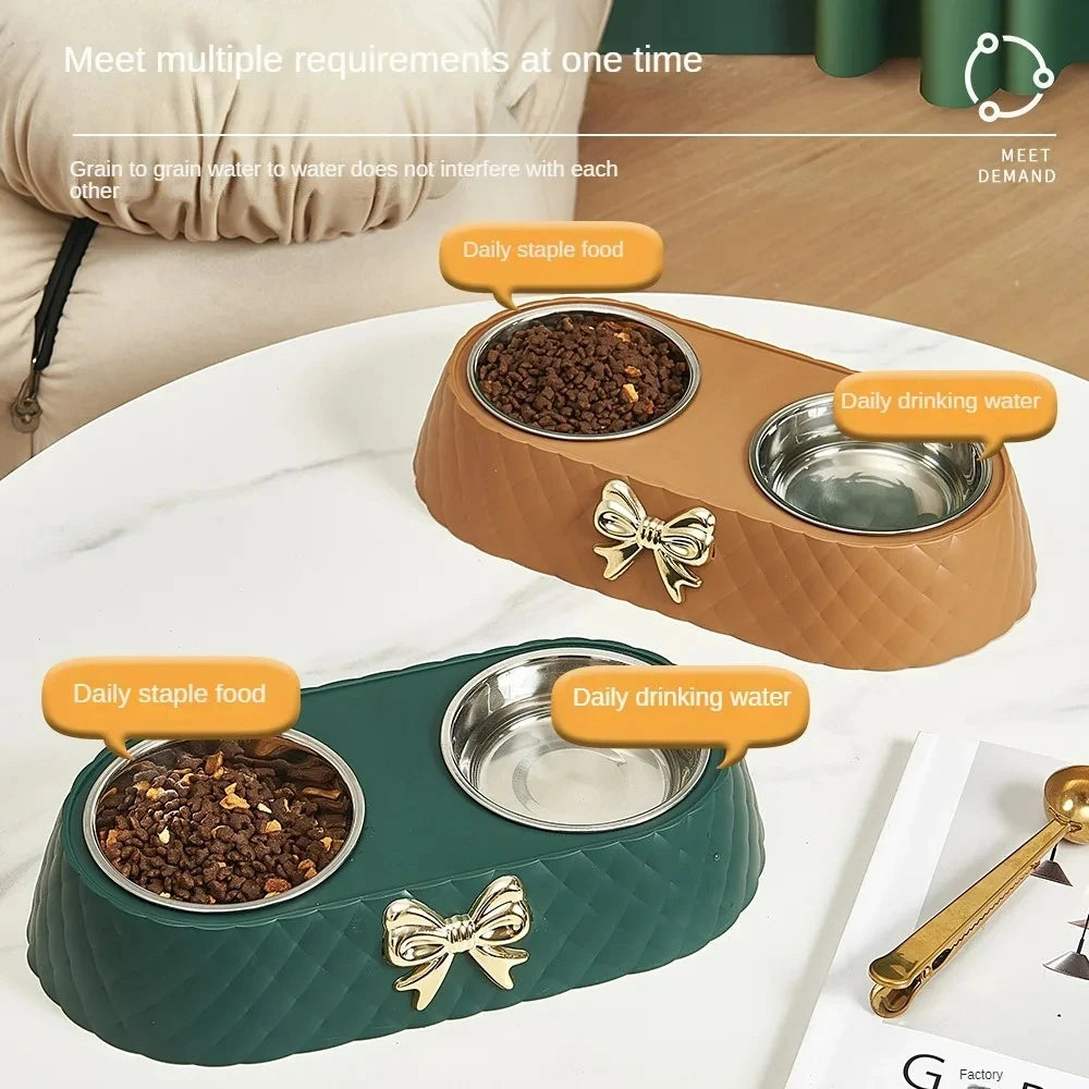 Double Pet Bowl with Bow-Tie Design – Stainless Steel & PP Base for Dogs & Cats