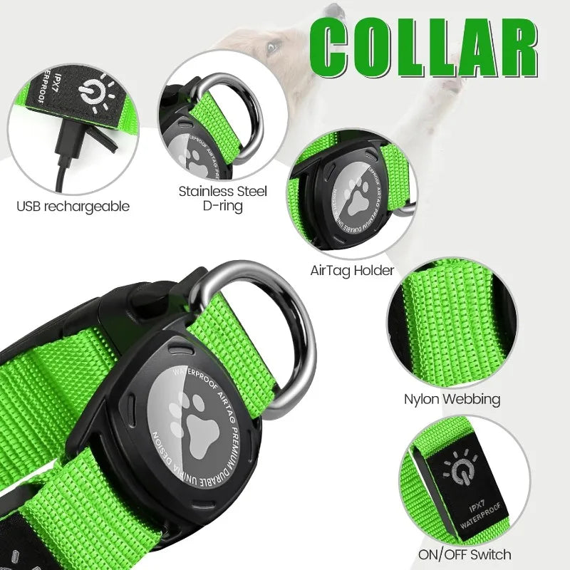Rechargeable LED Dog Collar with Built-In AirTag Holder — Waterproof & Reflective