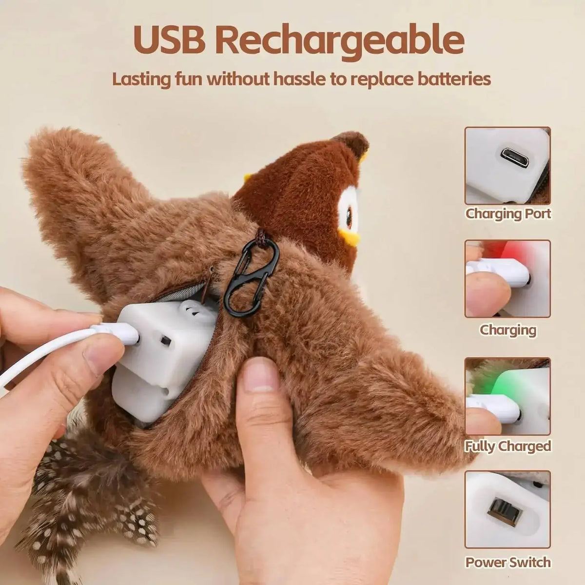 Interactive Bird Cat Toy – Chirps, Flaps & Touch-Activated – Rechargeable Plush