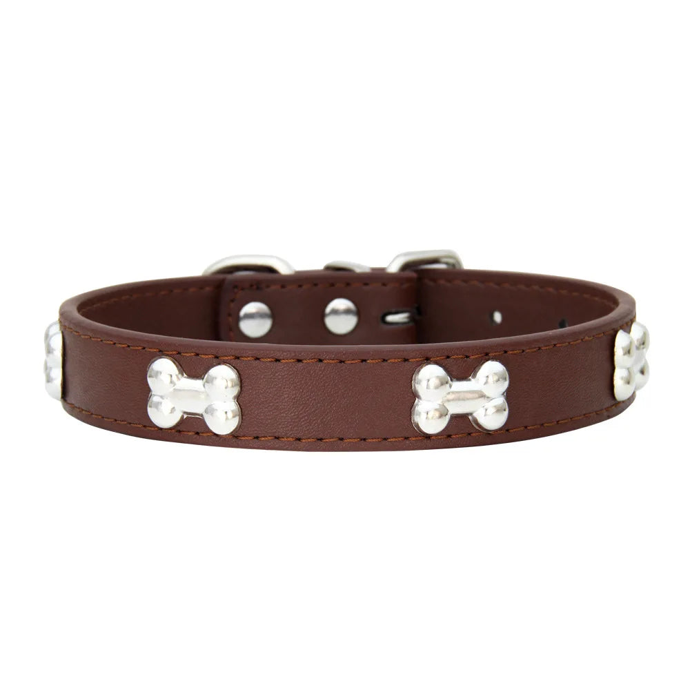 Bone Design Leather Dog Collar — 16 Colors & 4 Sizes