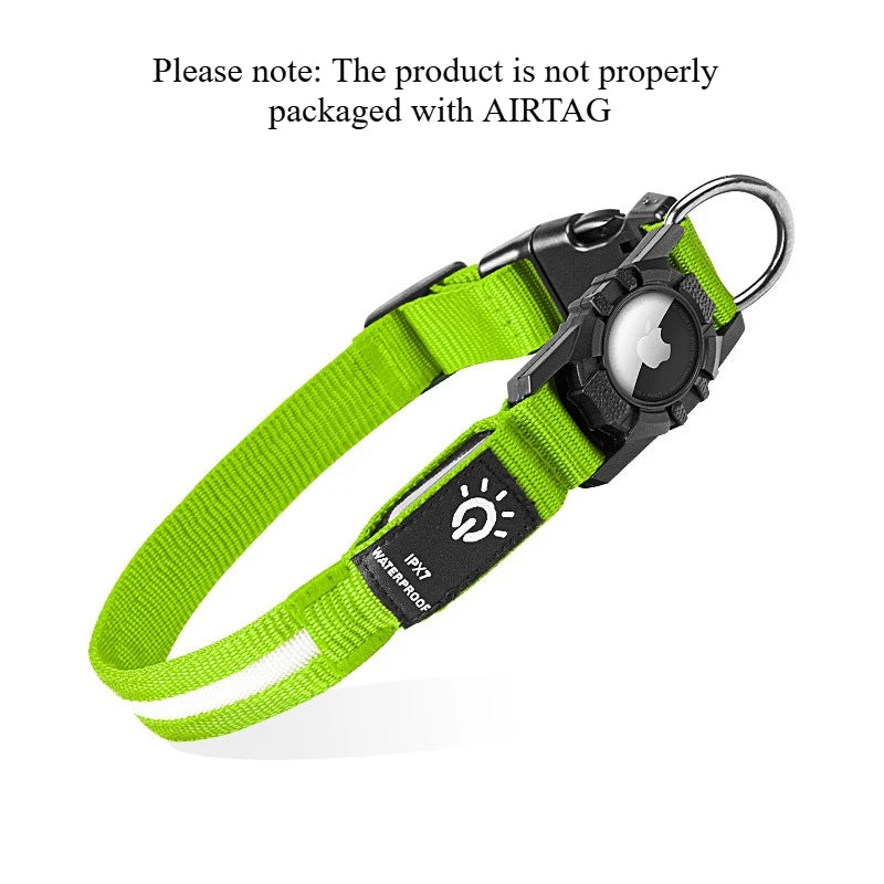 Rechargeable LED Dog Collar with Built-In AirTag Holder — Waterproof & Reflective