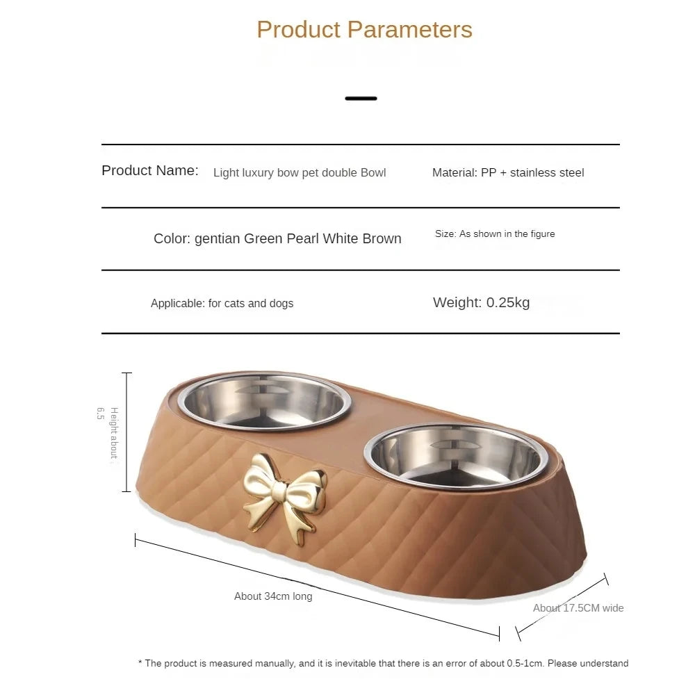 Double Pet Bowl with Bow-Tie Design – Stainless Steel & PP Base for Dogs & Cats