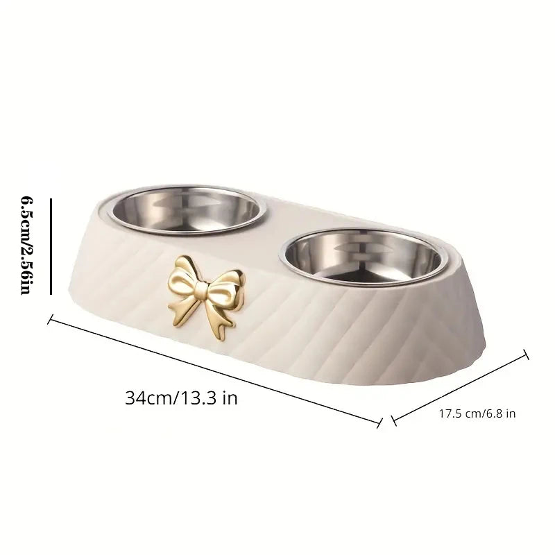 Double Pet Bowl with Bow-Tie Design – Stainless Steel & PP Base for Dogs & Cats