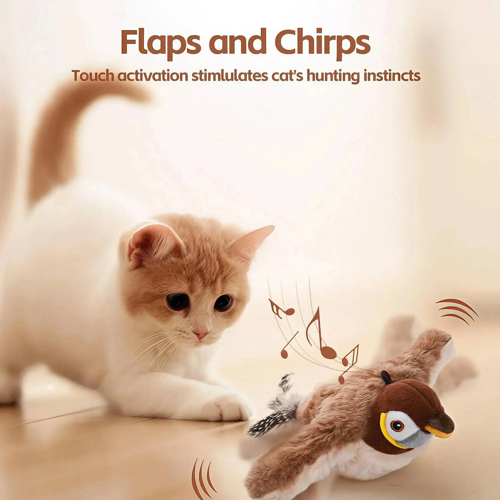 Interactive Bird Cat Toy – Chirps, Flaps & Touch-Activated – Rechargeable Plush