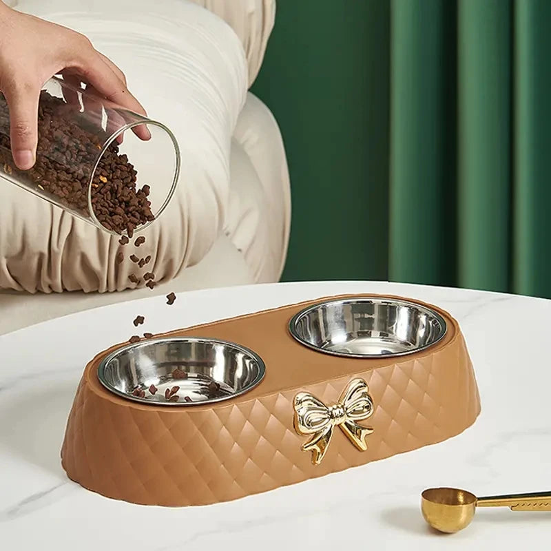 Double Pet Bowl with Bow-Tie Design – Stainless Steel & PP Base for Dogs & Cats