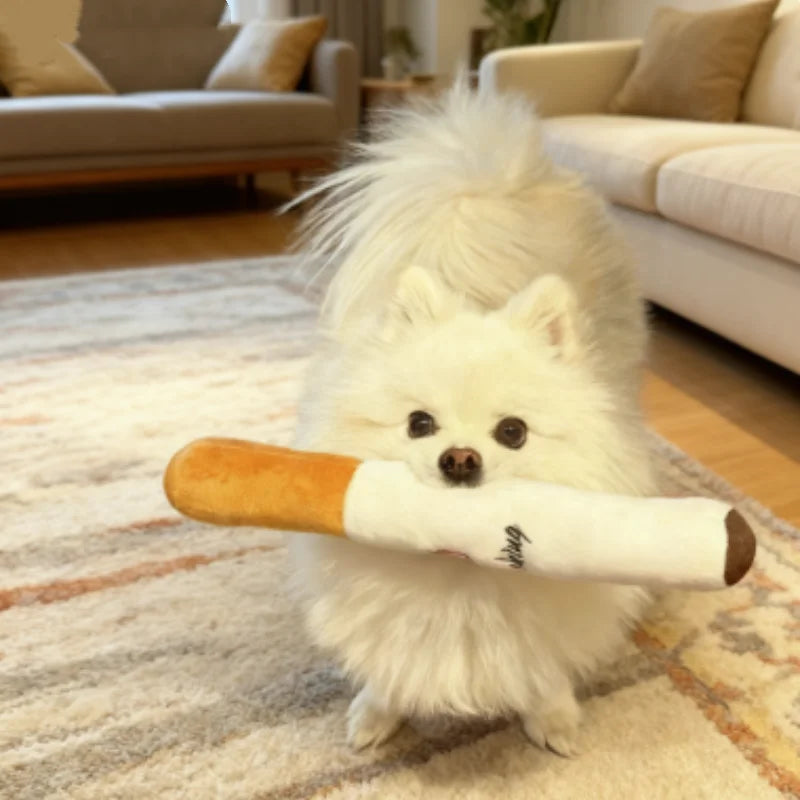 Cigar Plush Squeaky Dog Toy – Funny Interactive Chew Toy – Sizes S & L