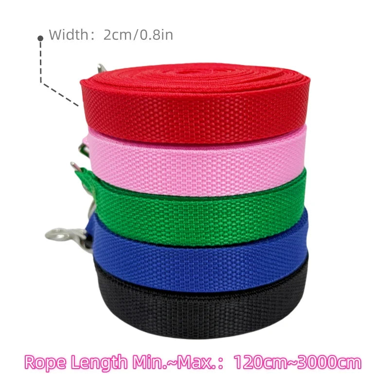 Long Training Dog Leash — Reflective Nylon, 6 Colors, 1.2m to 30m
