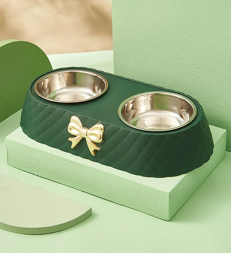 Double Pet Bowl with Bow-Tie Design – Stainless Steel & PP Base for Dogs & Cats